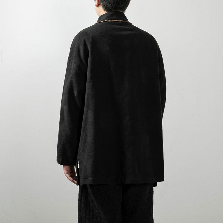 Buddha Stones無地 メンズ Vネック 長袖シャツ ジャカード コットン 衣類