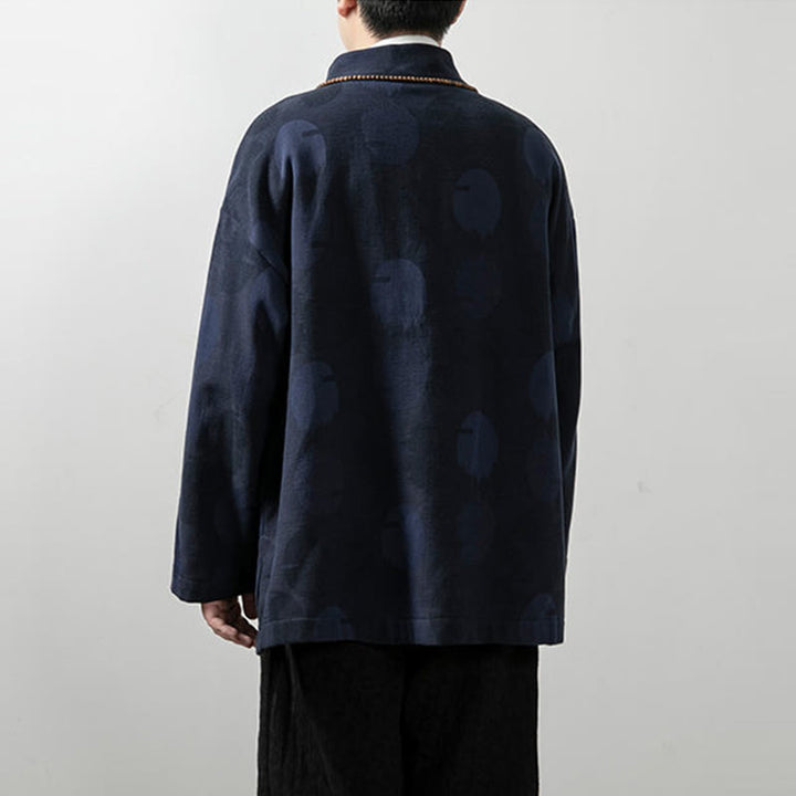 Buddha Stones無地 メンズ Vネック 長袖シャツ ジャカード コットン 衣類