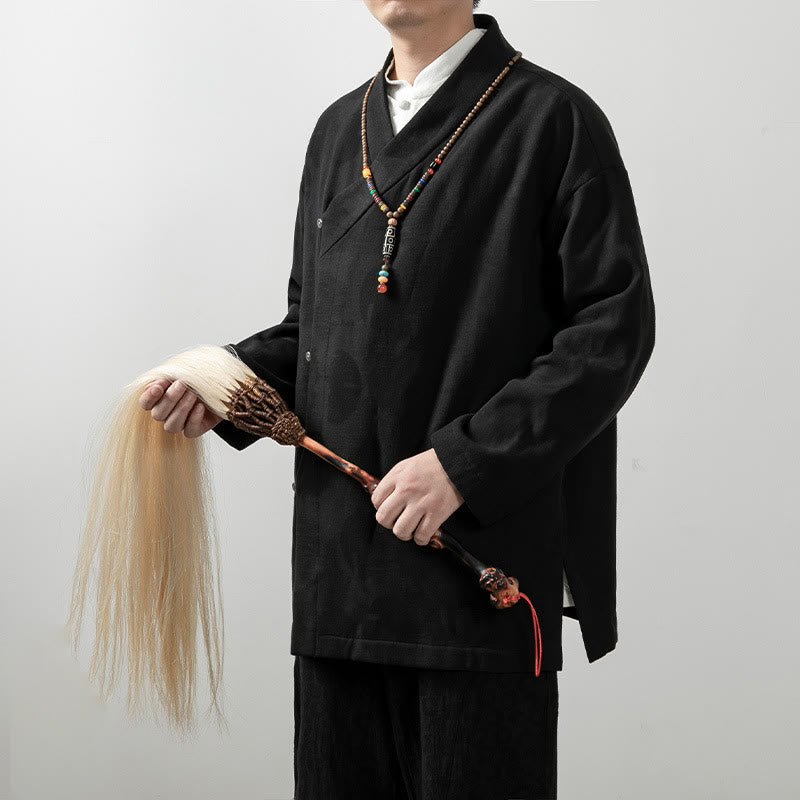 Buddha Stones無地 メンズ Vネック 長袖シャツ ジャカード コットン 衣類