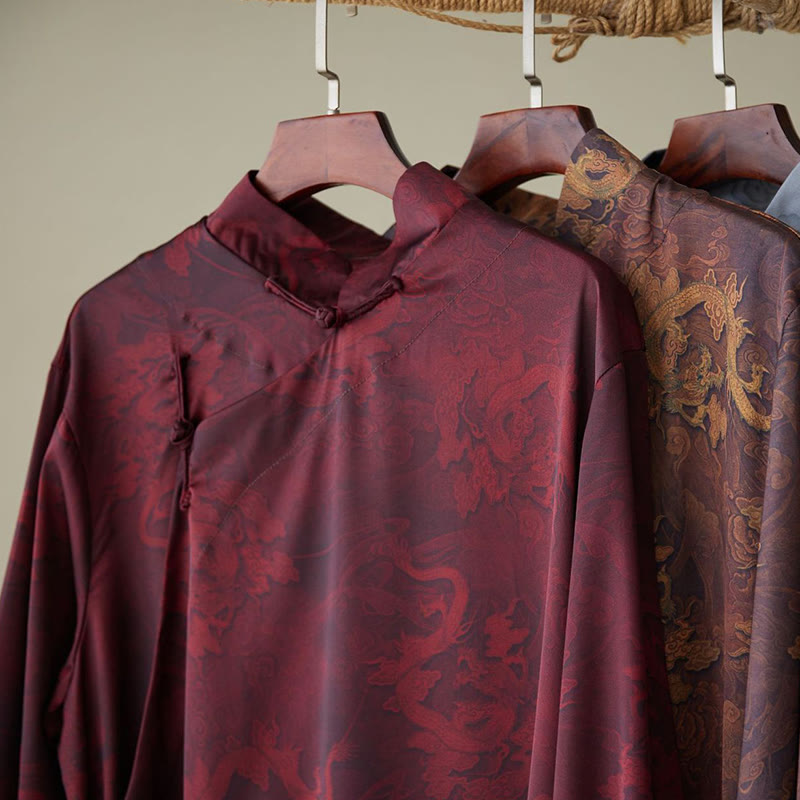 Buddha Stonesヴィンテージ中国製カエルボタン唐装メンズドラゴンコットンローブ