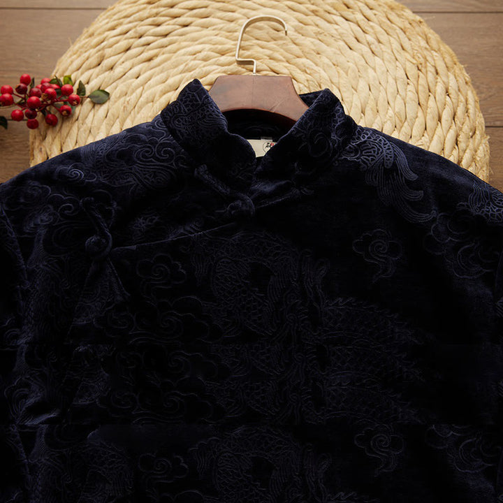 Buddha Stonesヴィンテージ 秋冬 中国風 カエルボタン 唐装 メンズ ドラゴン ジャカード ローブ ポケット付き - image 9