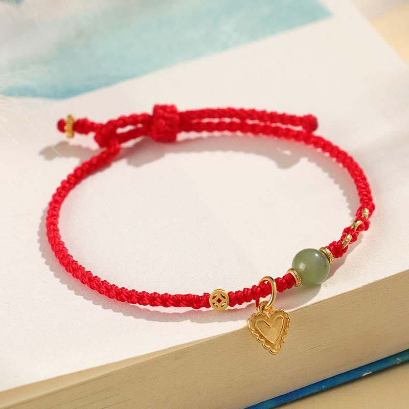 Buddha Stones 925スターリングシルバー 和田翡翠ビーズ 銅貨 ラブハートチャーム 幸運ブレスレット