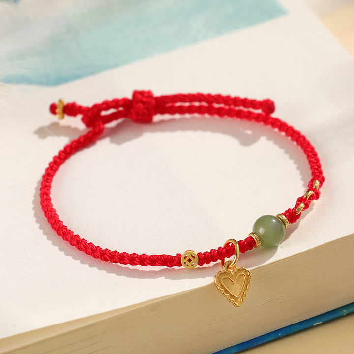 Buddha Stones 925スターリングシルバー 和田翡翠ビーズ 銅貨 ラブハートチャーム 幸運ブレスレット
