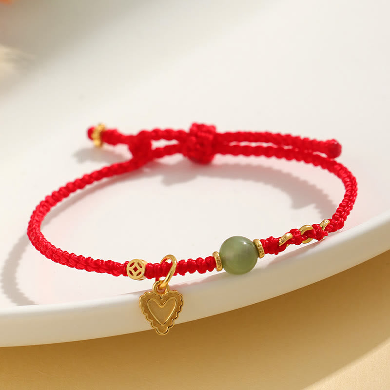 Buddha Stones 925スターリングシルバー 和田翡翠ビーズ 銅貨 ラブハートチャーム 幸運ブレスレット