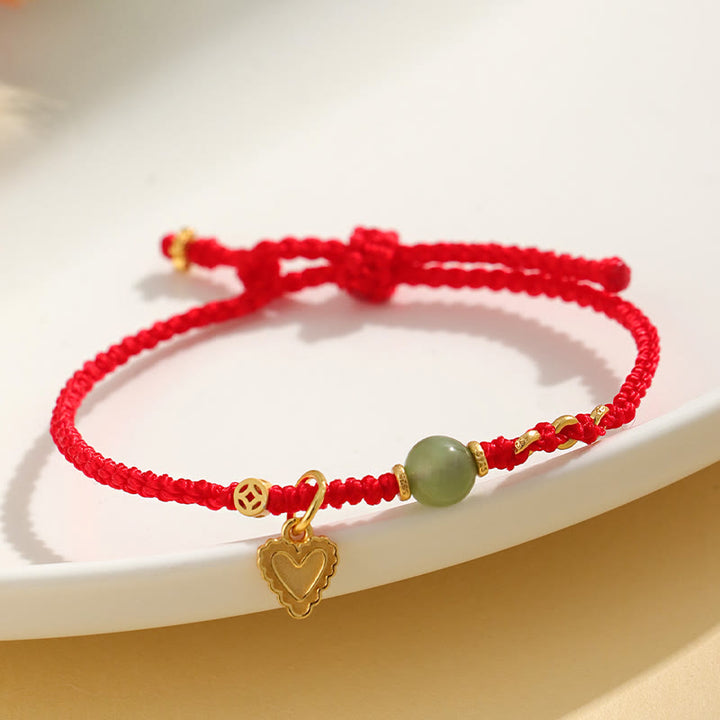 Buddha Stones 925スターリングシルバー 和田翡翠ビーズ 銅貨 ラブハートチャーム 幸運ブレスレット