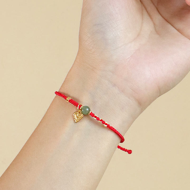 Buddha Stones 925スターリングシルバー 和田翡翠ビーズ 銅貨 ラブハートチャーム 幸運ブレスレット