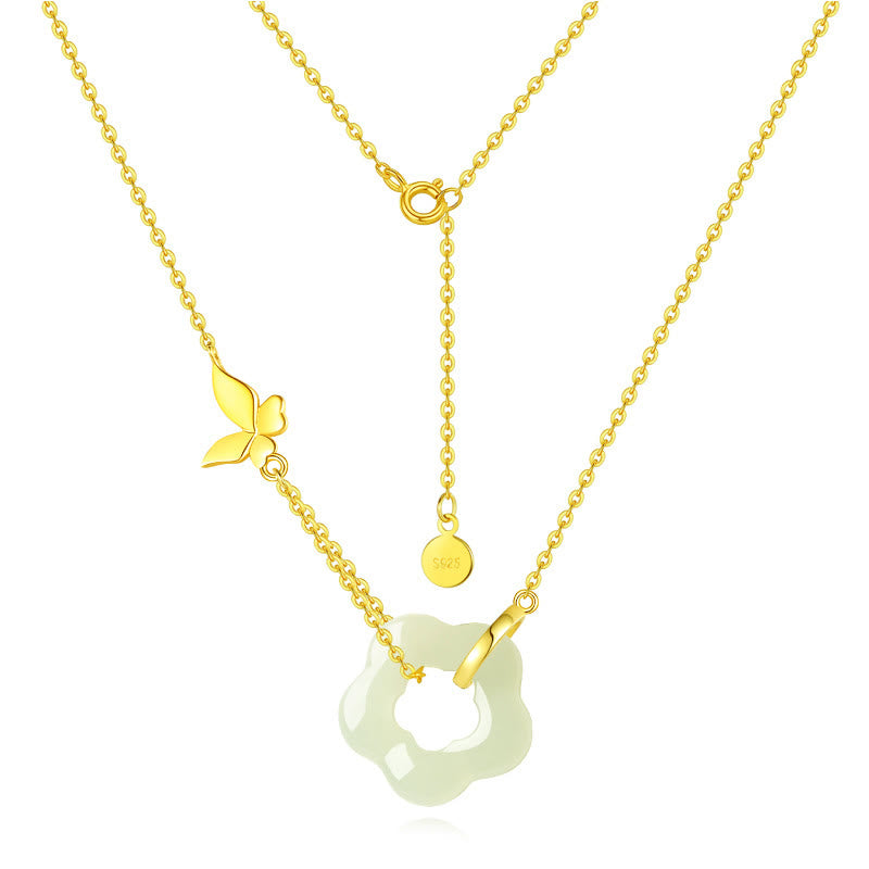 Buddha Stones925 スターリングシルバー バタフライ 和田翡翠 フラワー 祝福ネックレス ペンダント