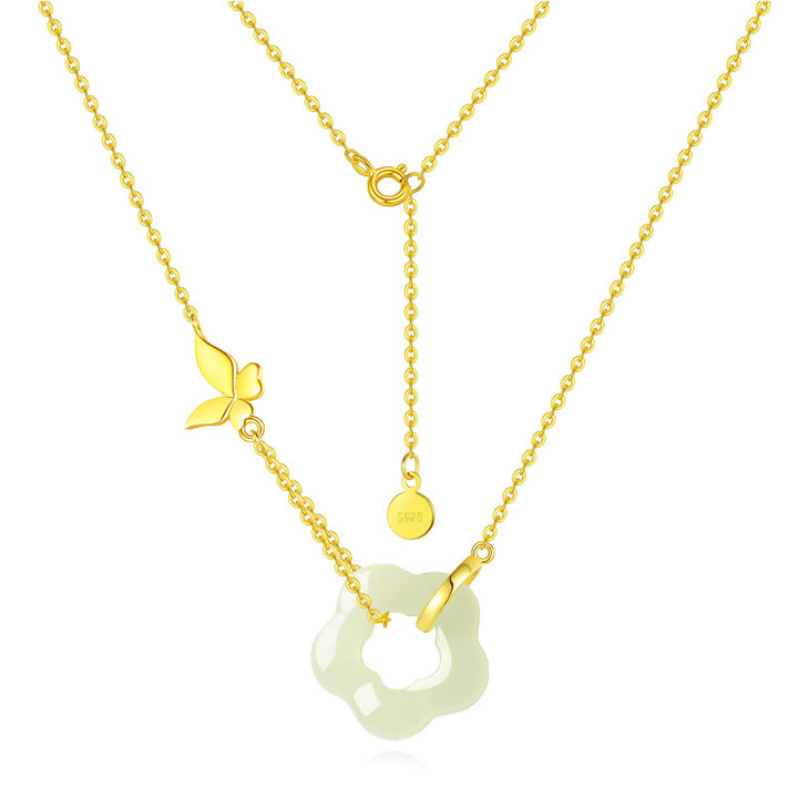 Buddha Stones925 スターリングシルバー バタフライ 和田翡翠 フラワー 祝福ネックレス ペンダント