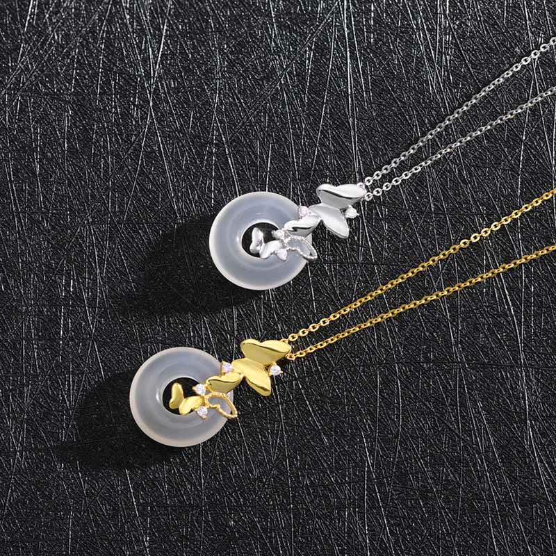 Buddha Stones925スターリングシルバー バタフライカルセドニー ピースバックル 祝福 幸運 ネックレス ペンダント