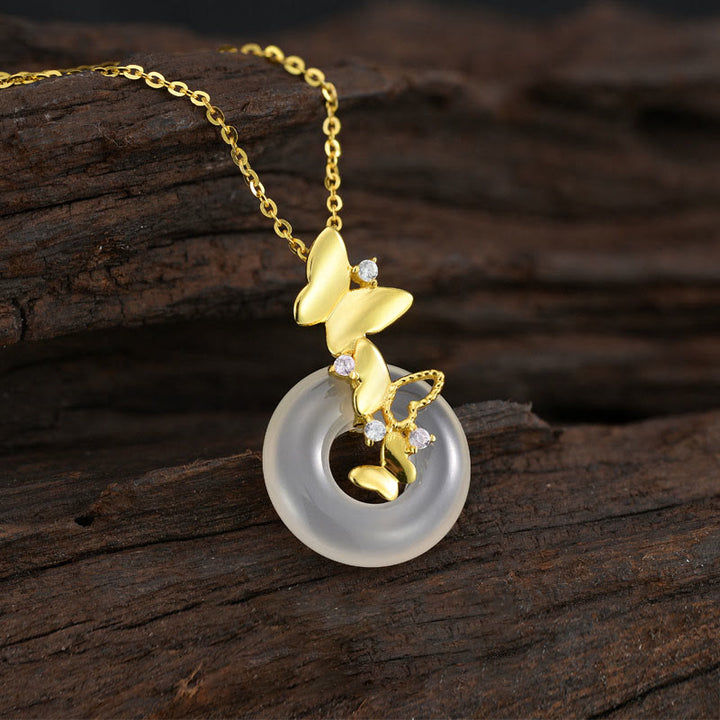 Buddha Stones925スターリングシルバー バタフライカルセドニー ピースバックル 祝福 幸運 ネックレス ペンダント