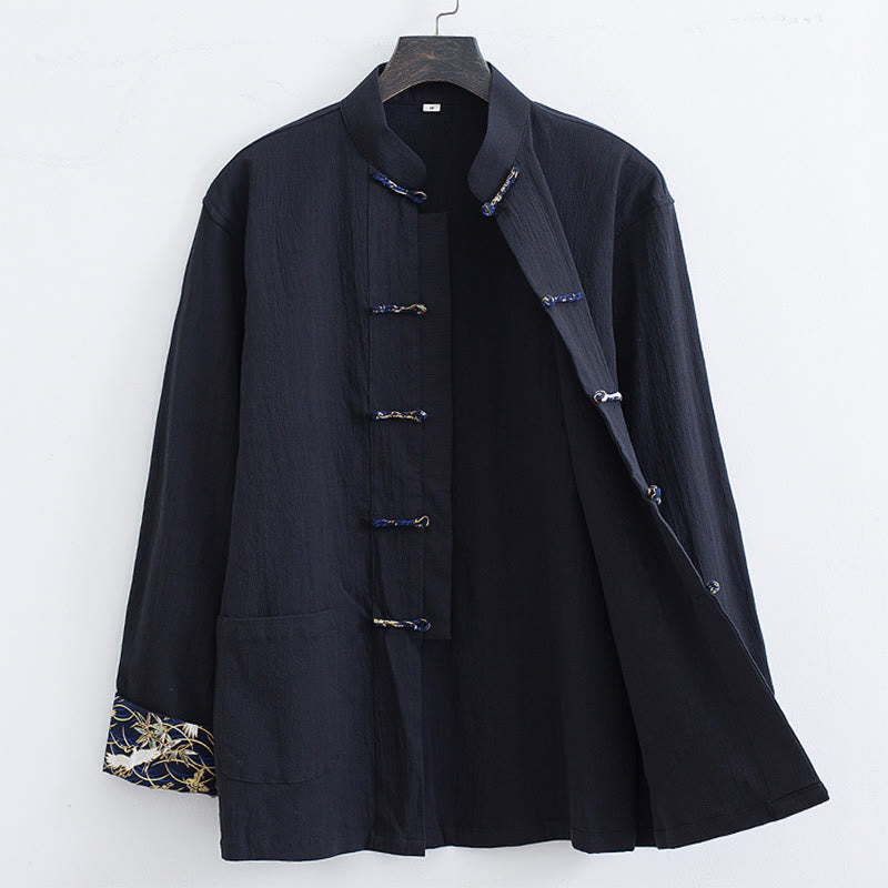 Buddha Stonesメンズ フロッグボタン タンスーツ コットン ホワイト クレーン刺繍 ジャケット シャツ ポケット付き