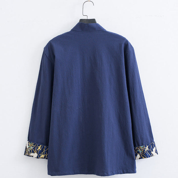 Buddha Stonesメンズ フロッグボタン タンスーツ コットン ホワイト クレーン刺繍 ジャケット シャツ ポケット付き