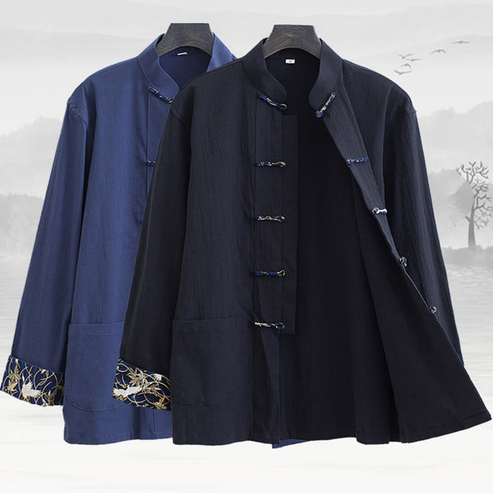 Buddha Stonesメンズ フロッグボタン タンスーツ コットン ホワイト クレーン刺繍 ジャケット シャツ ポケット付き