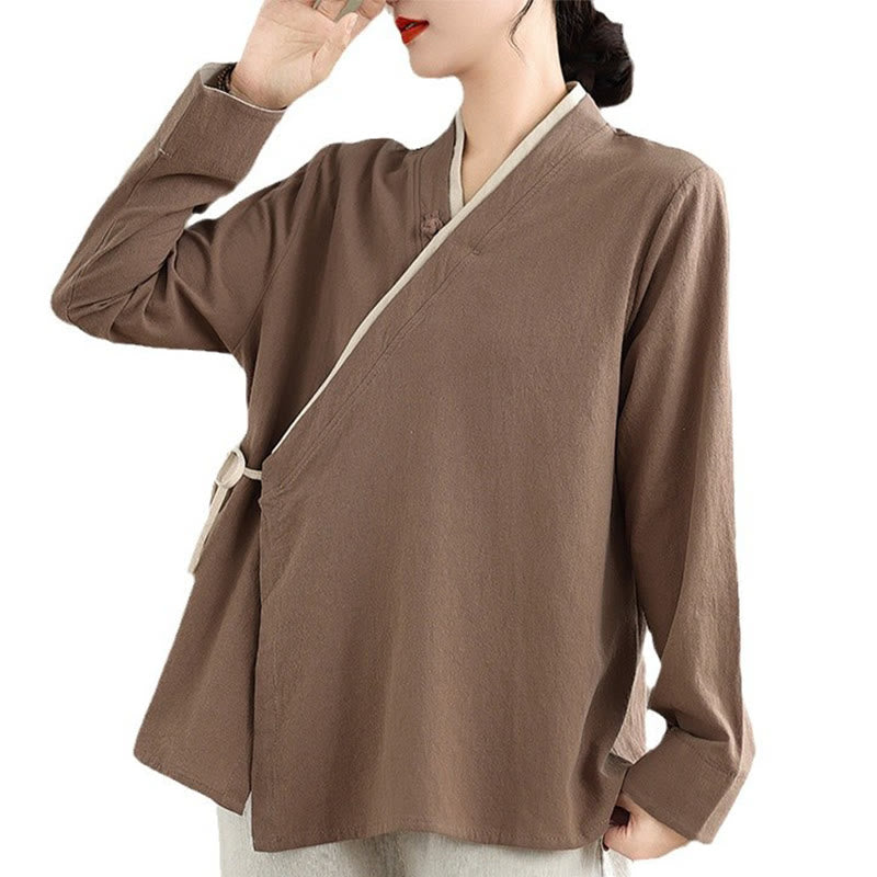 Buddha Stonesの秋の無地漢服長袖レースアップレディースシャツ - image 25