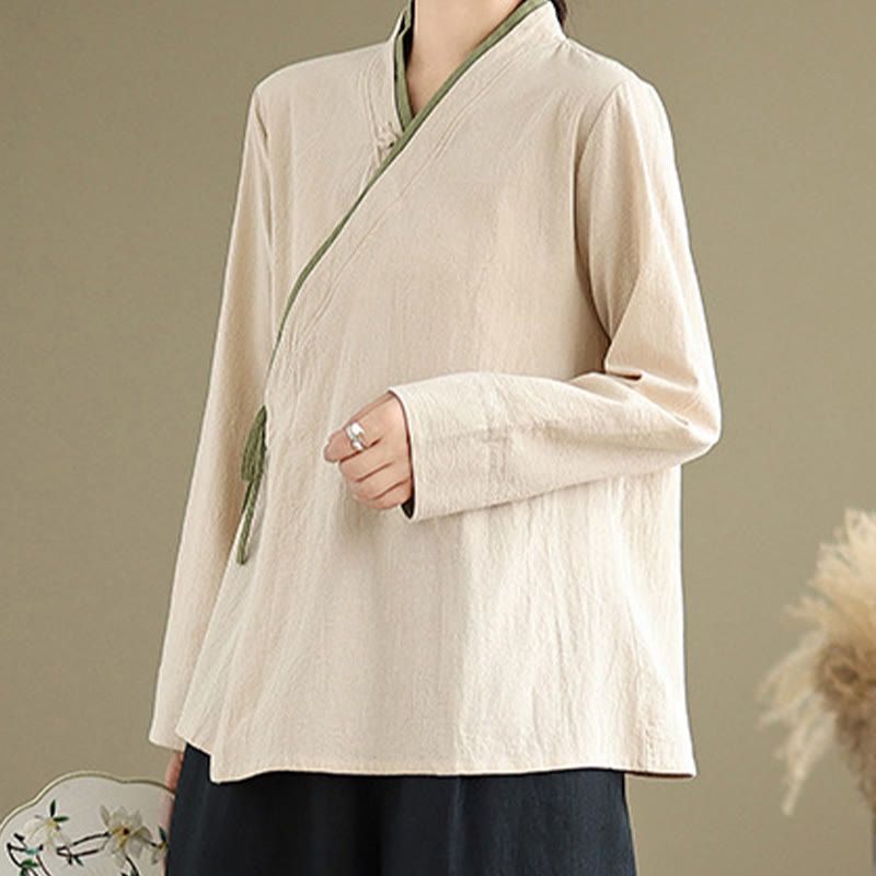 Buddha Stonesの秋の無地漢服長袖レースアップレディースシャツ - image 6