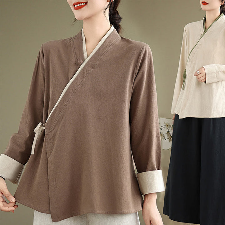 Buddha Stonesの秋の無地漢服長袖レースアップレディースシャツ - image 24