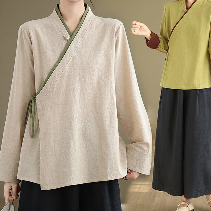 Buddha Stonesの秋の無地漢服長袖レースアップレディースシャツ - image 7