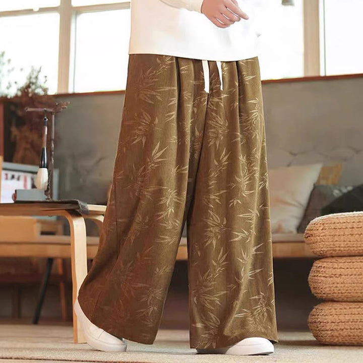 Buddha Stonesと竹の葉のコーデュロイドローストリングコットンメンズワイドレッグパンツ(ポケット付き)