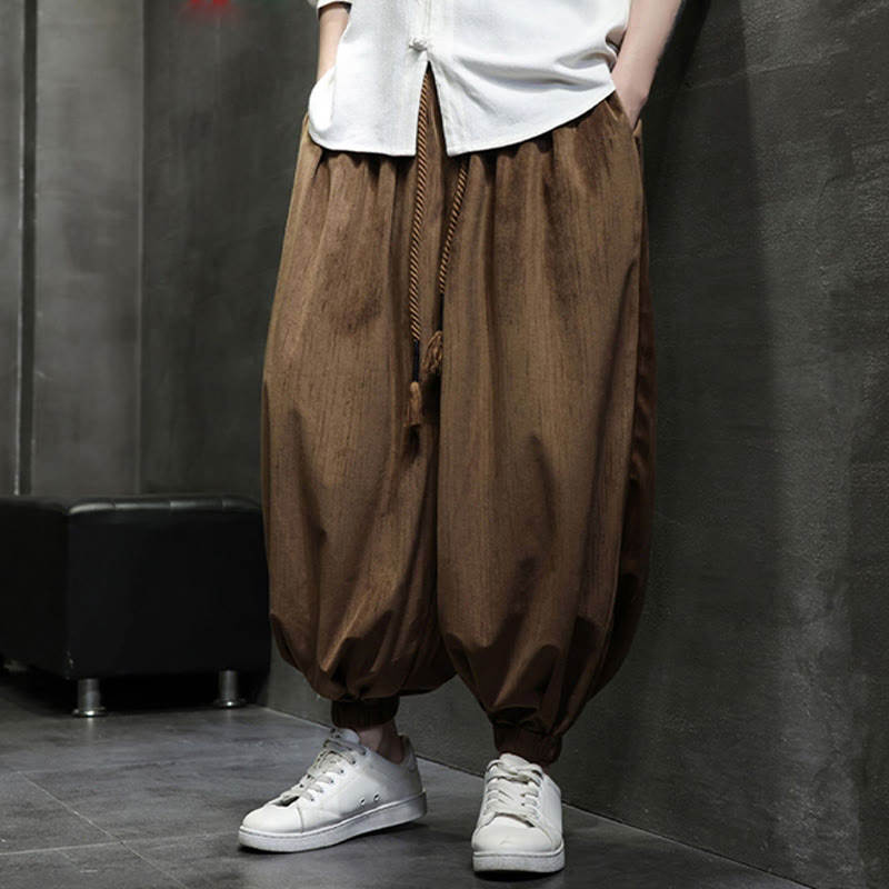Buddha Stones無地コーデュロイドローストリングサーマルメンズハーレムパンツ(ポケット付き) - image 2