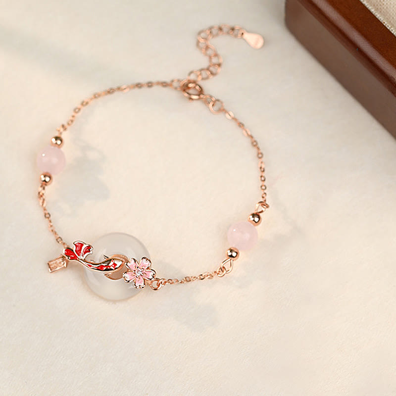 Buddha Stonesカルセドニー ピンククリスタル 925スターリングシルバー 花 鯉平和のお守りチャーム幸運を呼ぶブレスレット - image 1