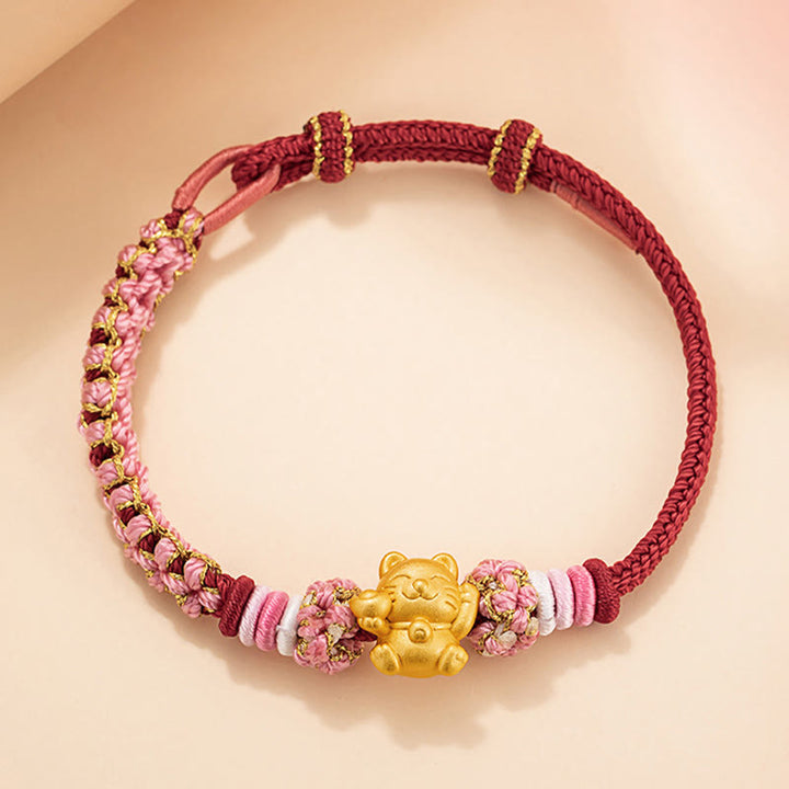 Buddha Stonesハンドメイド 999 スターリングシルバー幸運繁栄の猫インゴット 桃の花 幸運 赤いロープブレスレット - image 2