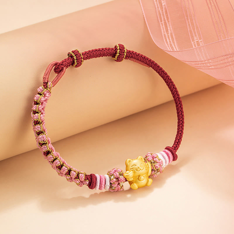 Buddha Stonesハンドメイド 999 スターリングシルバー幸運繁栄の猫インゴット 桃の花 幸運 赤いロープブレスレット - image 3