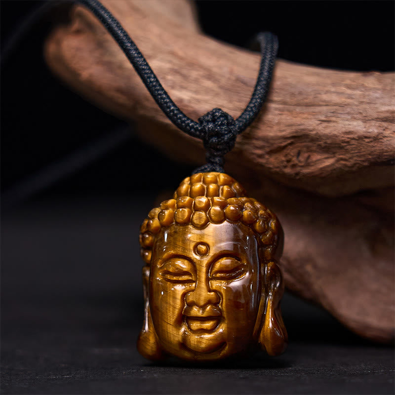 Buddha Stonesタイガーアイ ストリング 仏陀頭 勇気 ネックレス ペンダント - タイガーアイブラックストリング - image 1