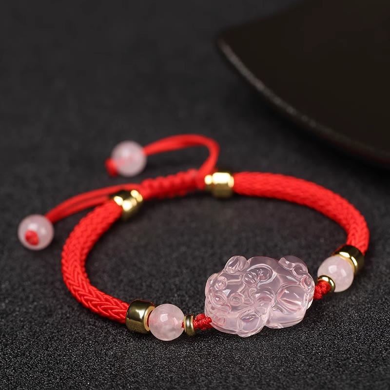 Buddha Stones貔貅 ピンク水晶 富の紐 編み込みブレスレット