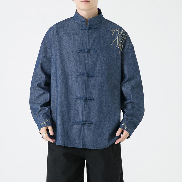 Buddha Stonesと竹の葉のデザイン カエルボタンの唐装 コットン メンズ ジャケット シャツ