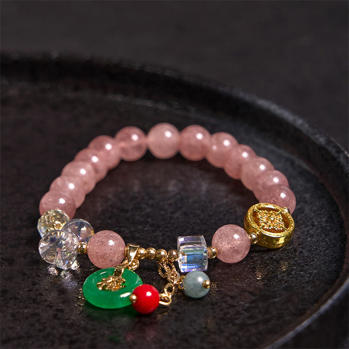 Buddha Stones ストロベリークォーツ&翡翠 福チャーム付き ヒーリングブレスレット