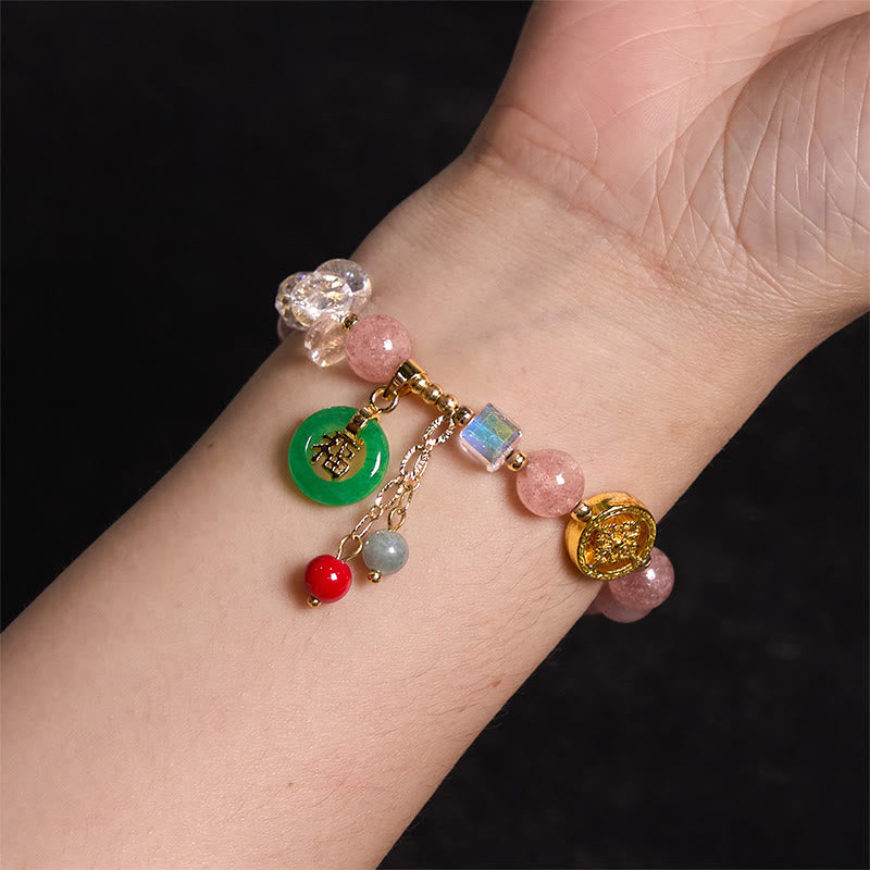 Buddha Stones ストロベリークォーツ&翡翠 福チャーム付き ヒーリングブレスレット