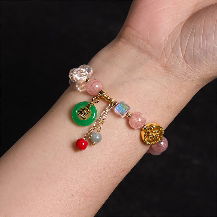 Buddha Stones ストロベリークォーツ&翡翠 福チャーム付き ヒーリングブレスレット