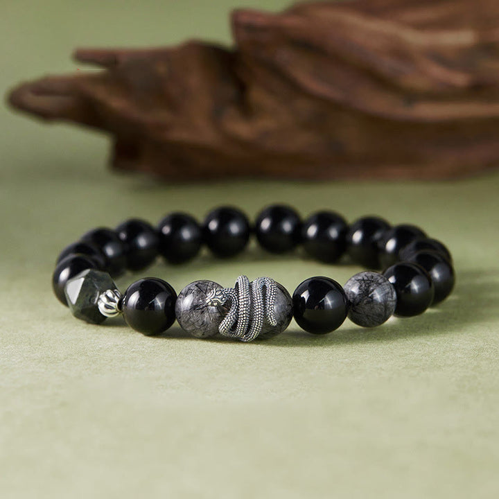 Buddha Stonesブラックオブシディアン ブラックルチルクォーツ 925スターリングシルバー 蛇年浄化ブレスレット - ブラックオブシディアン ブラックルチルクォーツ 925スターリングシルバー(手首周り:18~20cm) - image 0