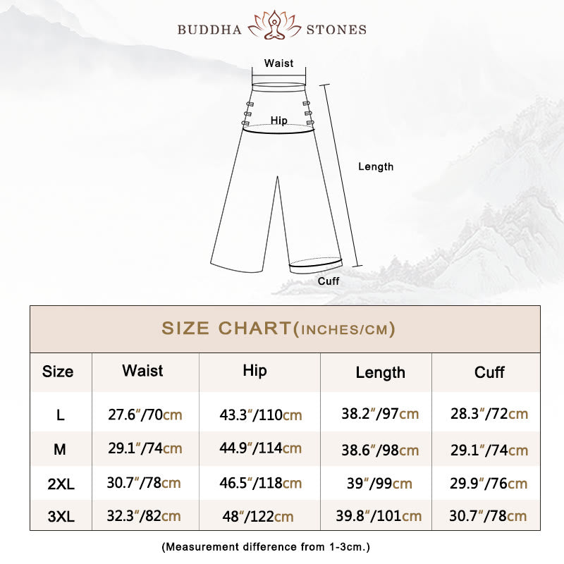 Buddha Stonesカジュアルコットン フロッグボタン ハイウエスト ワイドレッグパンツ ポケット付き