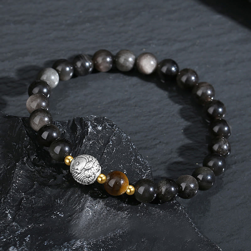 Buddha Stonesブラックオブシディアン 999スターリングシルバー タイガーアイ 925スターリングシルバー 鯉の浄化ブレスレット - image 2