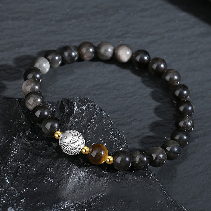 Buddha Stonesブラックオブシディアン 999スターリングシルバー タイガーアイ 925スターリングシルバー 鯉の浄化ブレスレット - image 2