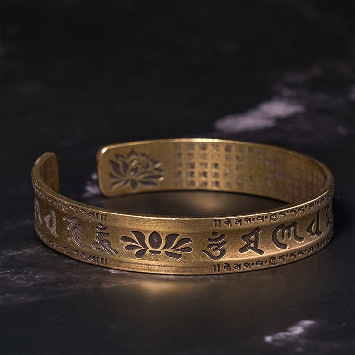 Buddha Stones六つの真実の言葉「om Mani Padme Hum」般若心経 蓮華 銅 真鍮 平和 カフ ブレスレット バングル