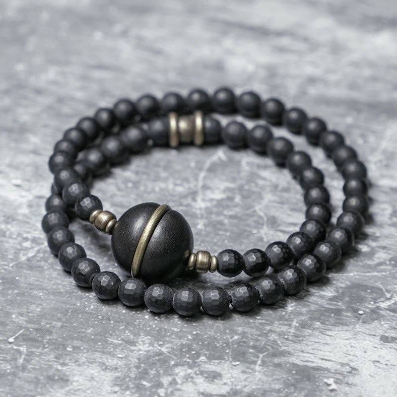 Buddha Stonesつや消しカット面 ブラックオニキス 黒檀ビーズ ダブルラップ保護ブレスレット