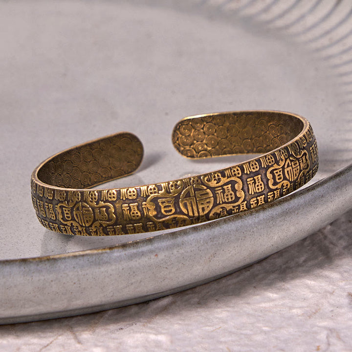 Buddha Stones百福福字銅真鍮幸運ブレスレットバングル