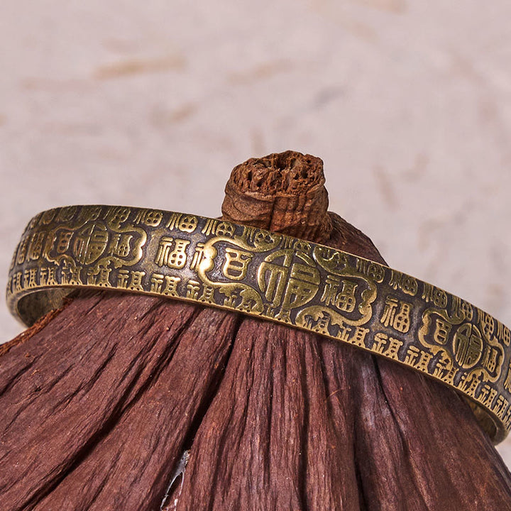 Buddha Stones百福福字銅真鍮幸運ブレスレットバングル