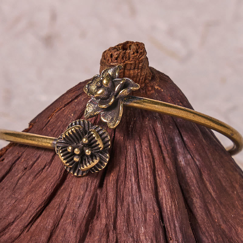 Buddha Stones桃の花 銅 真鍮 ヒーリングブレスレット バングル