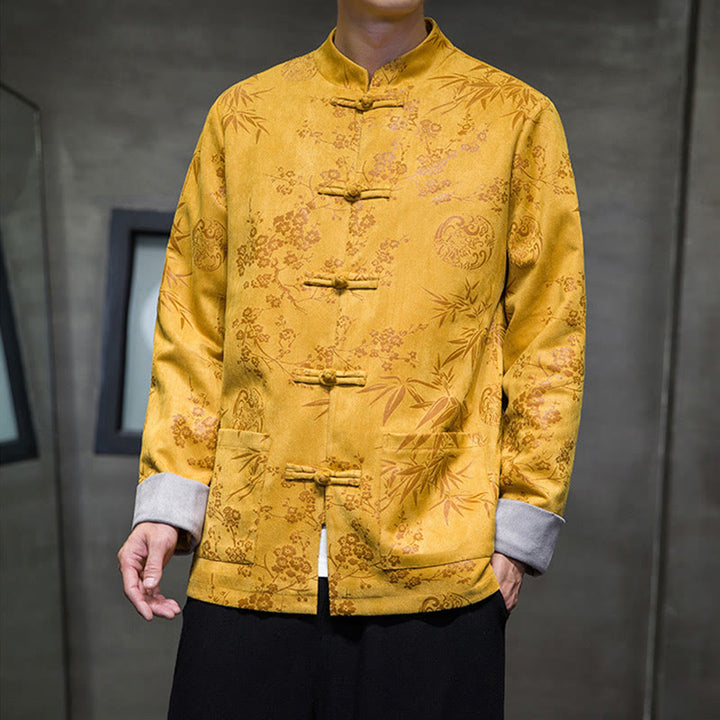 Buddha Stonesと中国の旧正月服、花柄、竹、無地、カエルボタン、唐装、綿、メンズジャケット、ポケット付きシャツ - 金 - US/UK/AU46、 EU56 (5XL) - image 0