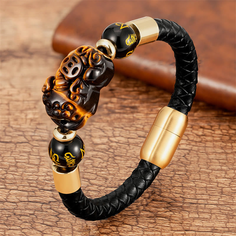 Buddha Stonesタイガーアイ ブラックオニキス レッドアゲート 貔貅 銅貨オーム・マニ・パドメ・フム強さ レザーブレスレット - タイガーアイ - 18~22cm - image 1