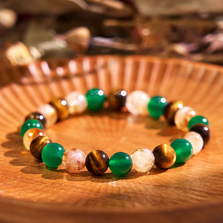 Buddha Stones天然タイガーアイ グリーンアゲート シトリン ミックス&マッチビーズ 守護ブレスレット