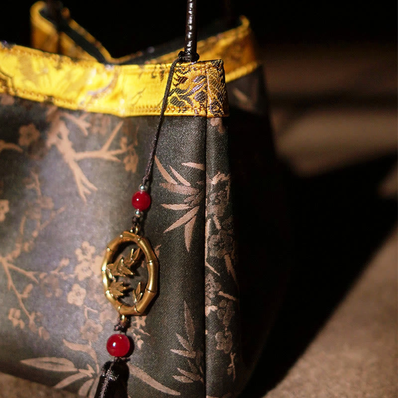 Buddha Stones、梅の花、竹の枝の刺繍タッセル、翔雲舎シルクショルダーバッグ、ハンドバッグ