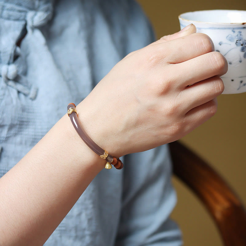 Buddha Stonesサンダルウッド グレーアゲート カルセドニー カフ ハーフブレスレット バングル