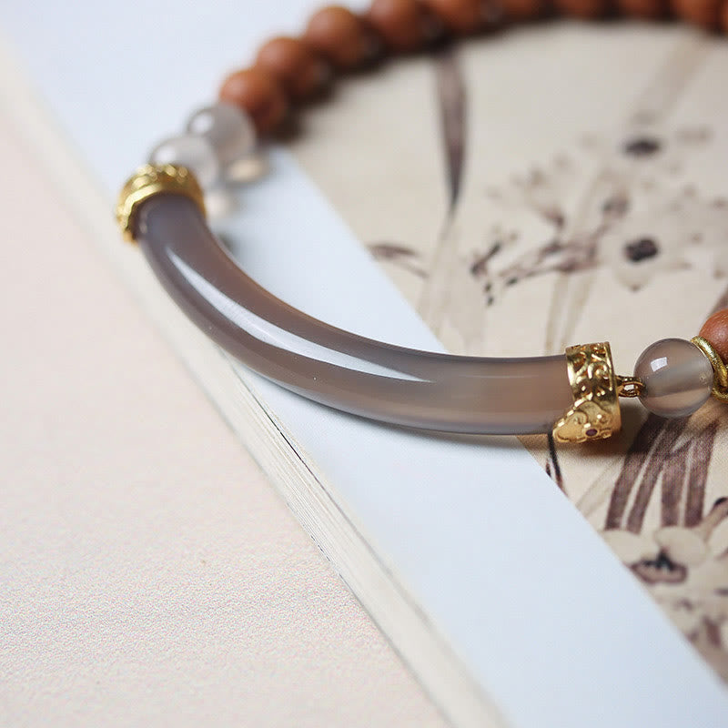 Buddha Stonesサンダルウッド グレーアゲート カルセドニー カフ ハーフブレスレット バングル