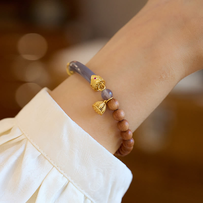 Buddha Stonesサンダルウッド グレーアゲート カルセドニー カフ ハーフブレスレット バングル