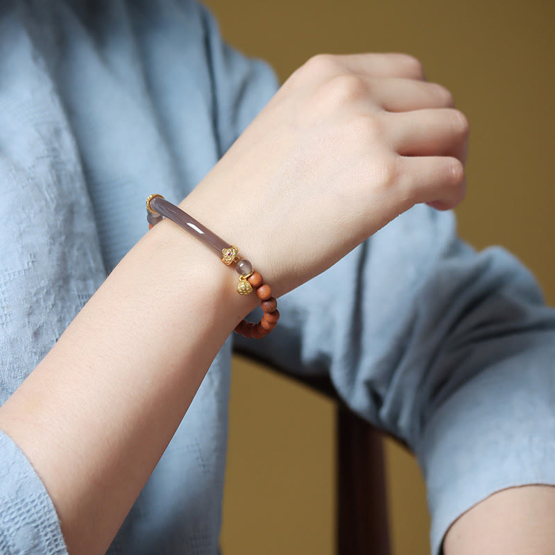 Buddha Stonesサンダルウッド グレーアゲート カルセドニー カフ ハーフブレスレット バングル