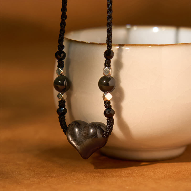 Buddha Stones天然銀光沢黒曜石ハート保護ネックレスペンダント